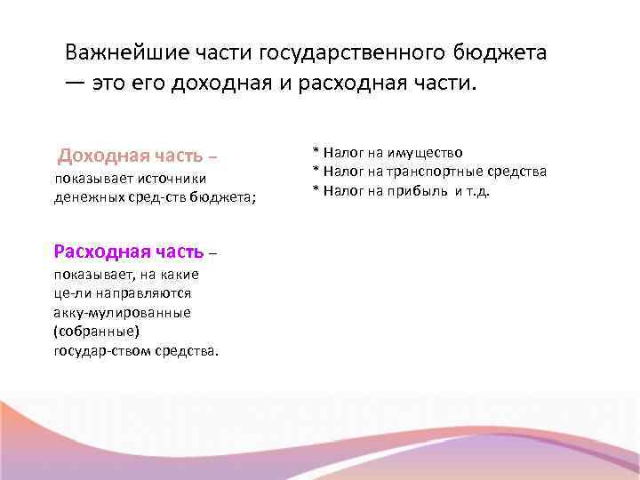 Важнейшие части государственного бюджета — это его доходная и расходная части. Доходная часть –