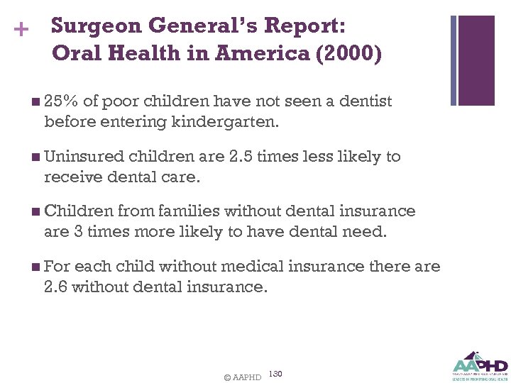 + Surgeon General’s Report: Oral Health in America (2000) n 25% of poor children