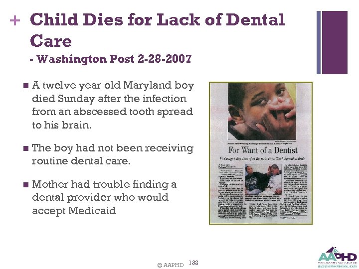 + Child Dies for Lack of Dental Care - Washington Post 2 -28 -2007