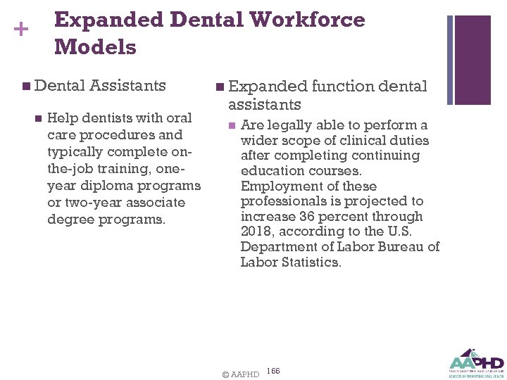 Expanded Dental Workforce Models + n Dental n Assistants Help dentists with oral care