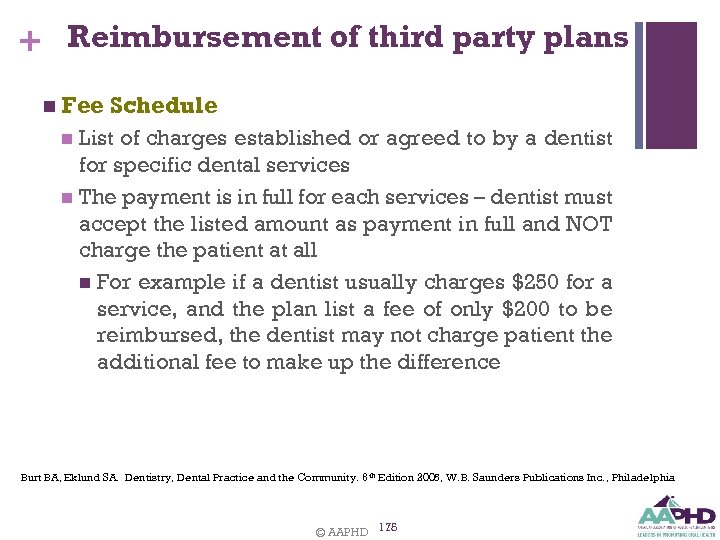 + Reimbursement of third party plans n Fee Schedule List of charges established or