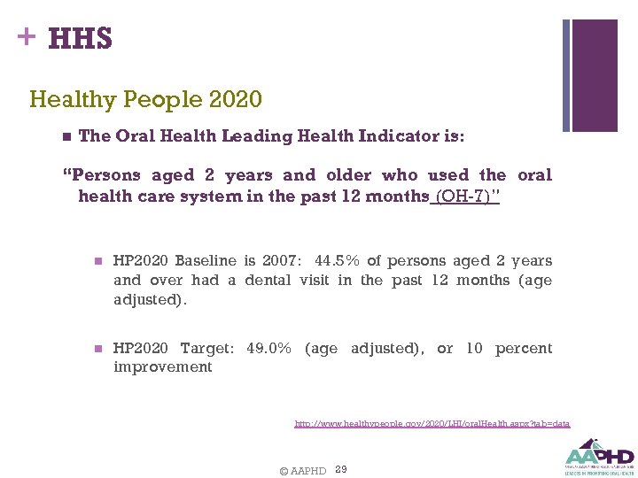 + HHS Healthy People 2020 n The Oral Health Leading Health Indicator is: “Persons