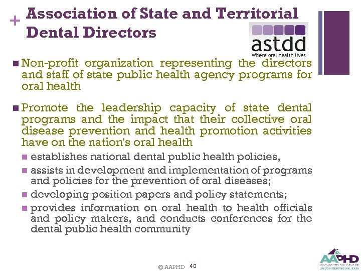 Association of State and Territorial + Dental Directors n Non-profit organization representing the directors
