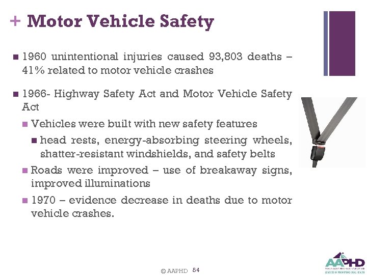 + Motor Vehicle Safety n 1960 unintentional injuries caused 93, 803 deaths – 41%