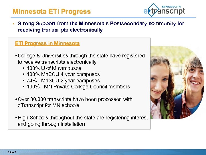 Minnesota ETI Progress Strong Support from the Minnesota’s Postsecondary community for receiving transcripts electronically