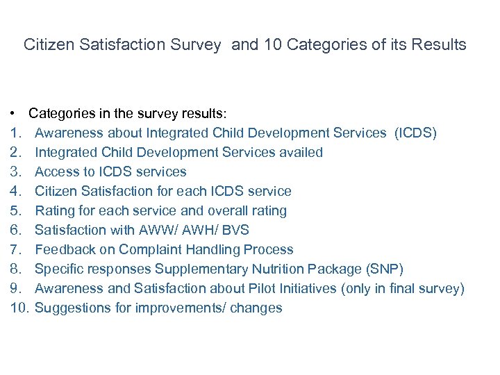 Citizen Satisfaction Survey and 10 Categories of its Results • Categories in the survey
