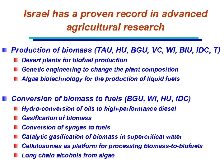 Israel has a proven record in advanced agricultural research Production of biomass (TAU, HU,