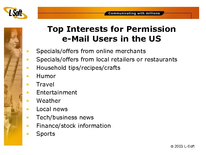 Top Interests for Permission e-Mail Users in the US • • • Specials/offers from