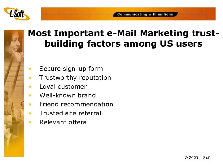 Most Important e-Mail Marketing trustbuilding factors among US users • • Secure sign-up form