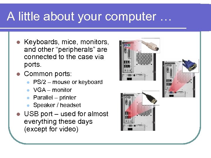 A little about your computer … Keyboards, mice, monitors, and other “peripherals” are connected