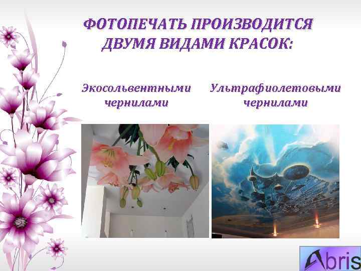 ФОТОПЕЧАТЬ ПРОИЗВОДИТСЯ ДВУМЯ ВИДАМИ КРАСОК: Экосольвентными чернилами Ультрафиолетовыми чернилами 