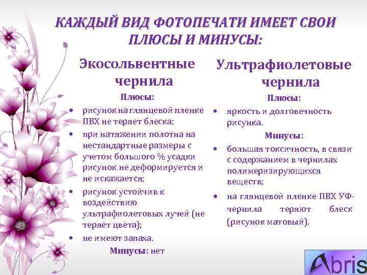 КАЖДЫЙ ВИД ФОТОПЕЧАТИ ИМЕЕТ СВОИ ПЛЮСЫ И МИНУСЫ: Экосольвентные чернила • • • Ультрафиолетовые