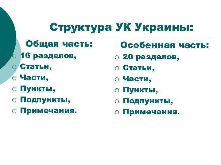 Структура УК Украины: Общая часть: ¡ ¡ ¡ 16 разделов, Статьи, Части, Пункты, Подпункты,