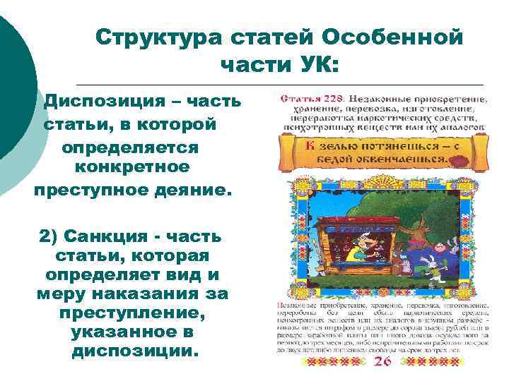 Структура статей Особенной части УК: 1) Диспозиция – часть статьи, в которой определяется конкретное