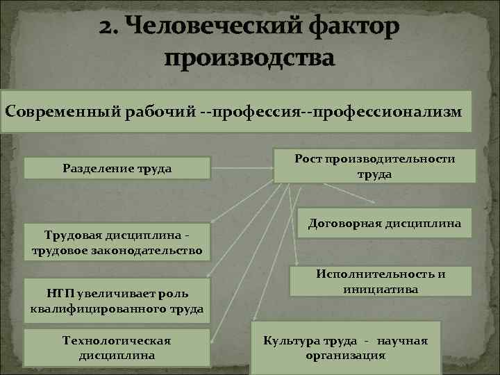 2. Человеческий фактор производства Современный рабочий профессия профессионализм Разделение труда Трудовая дисциплина трудовое законодательство