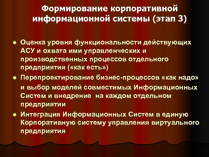 Формирование корпоративной информационной системы (этап 3) Оценка уровня функциональности действующих АСУ и охвата ими