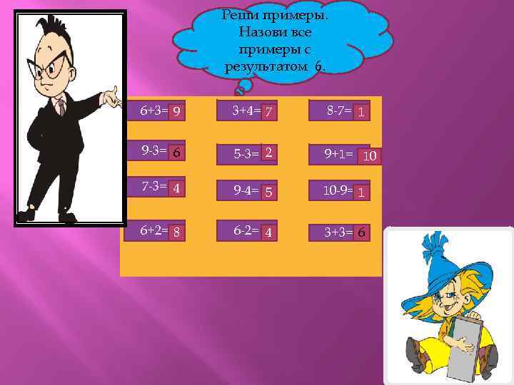 Реши примеры. Назови все примеры с результатом 6. 6+3= 9 3+4= 7 8 -7=