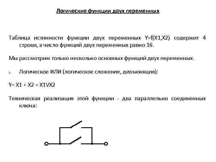 Логические функции двух переменных Таблица истинности функции двух переменных Y=f(X 1, Х 2) содержит