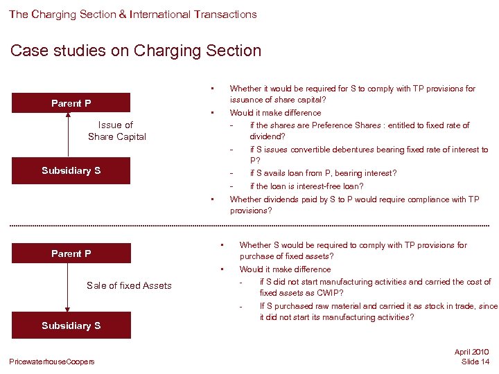 The Charging Section & International Transactions Case studies on Charging Section • Parent P