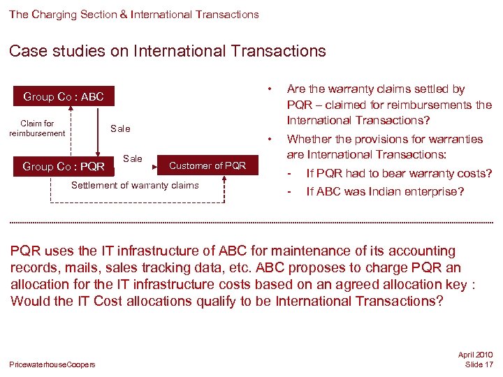 The Charging Section & International Transactions Case studies on International Transactions • Claim for