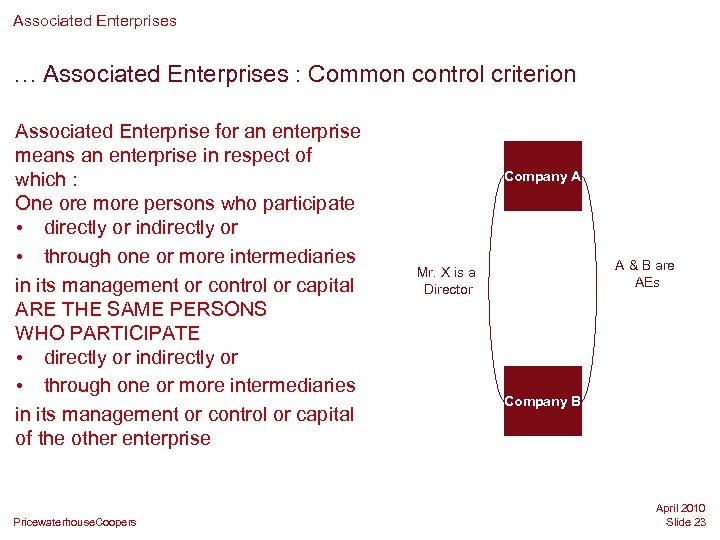 Associated Enterprises … Associated Enterprises : Common control criterion Associated Enterprise for an enterprise