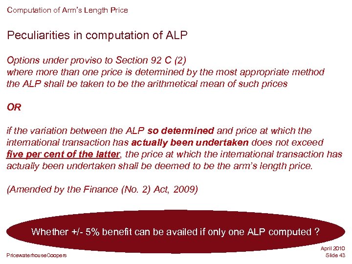 Computation of Arm’s Length Price Peculiarities in computation of ALP Options under proviso to