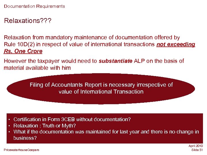 Documentation Requirements Relaxations? ? ? Relaxation from mandatory maintenance of documentation offered by Rule