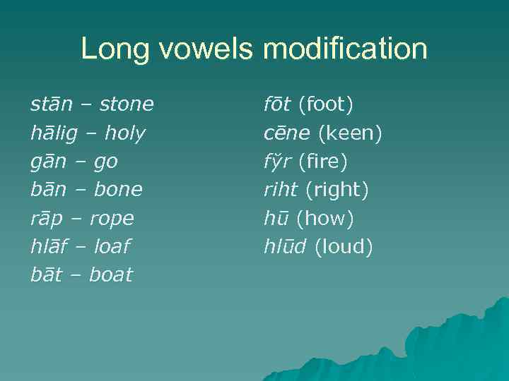 Long vowels modification stān – stone hālig – holy gān – go bān –