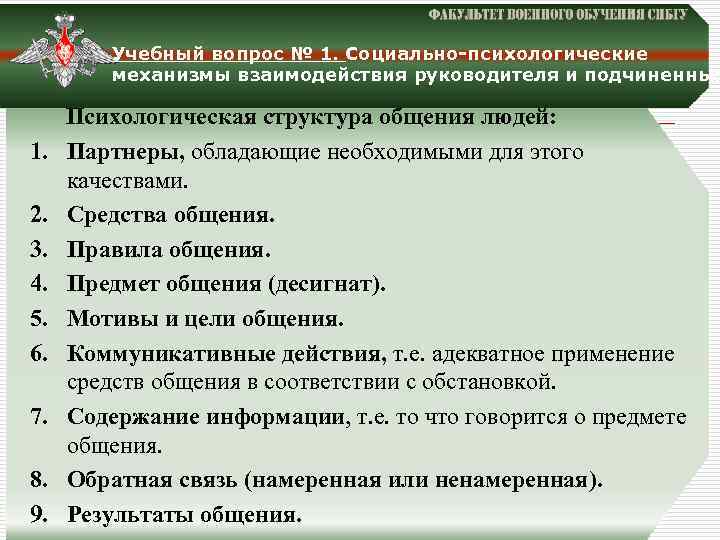 Учебный вопрос № 1. Социально-психологические механизмы взаимодействия руководителя и подчиненных Психологическая структура общения людей: