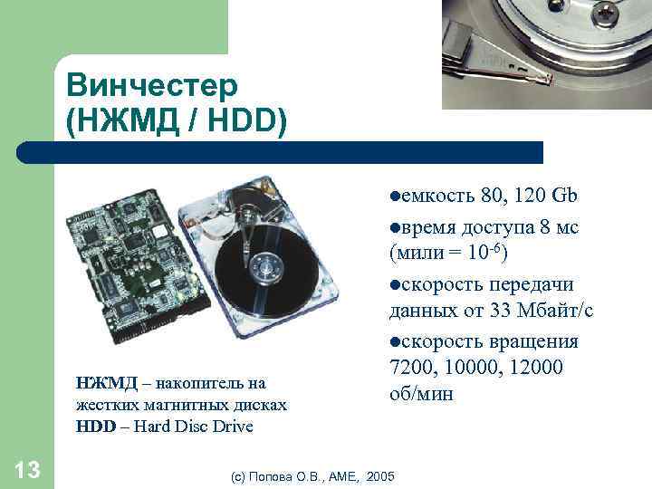 Винчестер (НЖМД / HDD) lемкость 80, 120 Gb lвремя доступа 8 мс НЖМД –