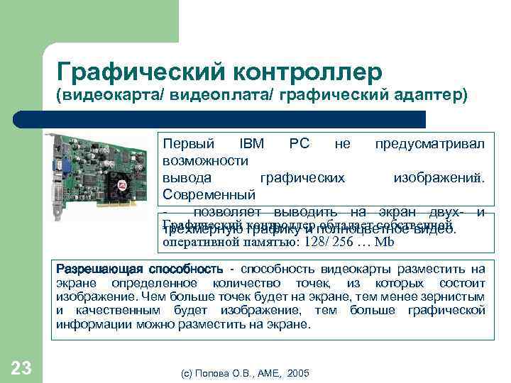 Графический контроллер (видеокарта/ видеоплата/ графический адаптер) Первый IBM PC не предусматривал возможности вывода графических