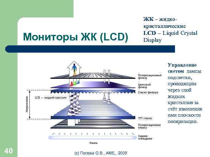 Мониторы ЖК (LCD) ЖК – жидкокристаллические LCD – Liquid Crystal Display • Управление светом