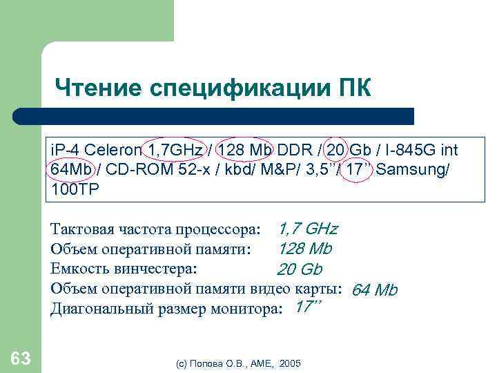 Чтение спецификации ПК i. P-4 Celeron 1, 7 GHz / 128 Mb DDR /