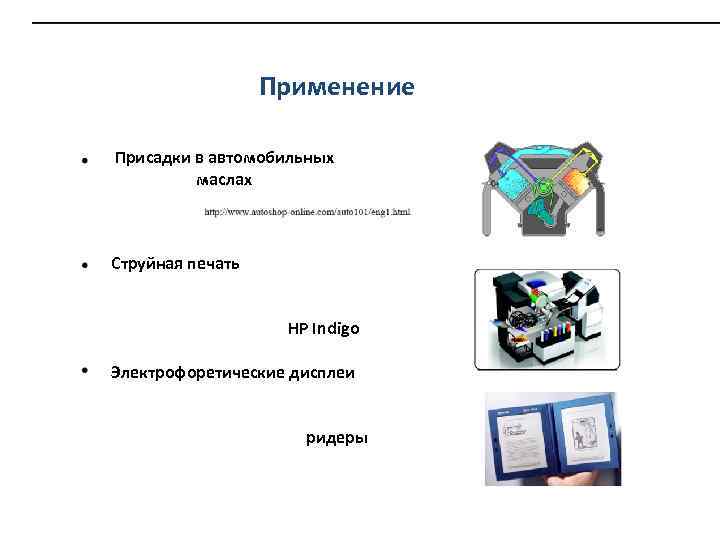 Применение Присадки в автомобильных маслах Струйная печать HP Indigo Электрофоретические дисплеи ридеры 