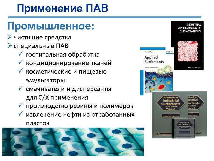 Применение ПАВ Промышленное: Ø чистящие средства Ø специальные ПАВ ü госпитальная обработка ü кондиционирование