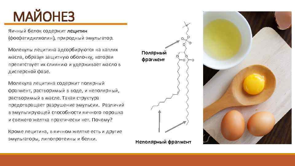 МАЙОНЕЗ Яичный белок содержит лецитин (фосфатидилхолин), природный эмульгатор. Молекулы лецитина адсорбируются на каплях масла,