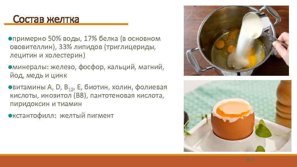 Состав желтка lпримерно 50% воды, 17% белка (в основном ововителлин), 33% липидов (триглицериды, лецитин