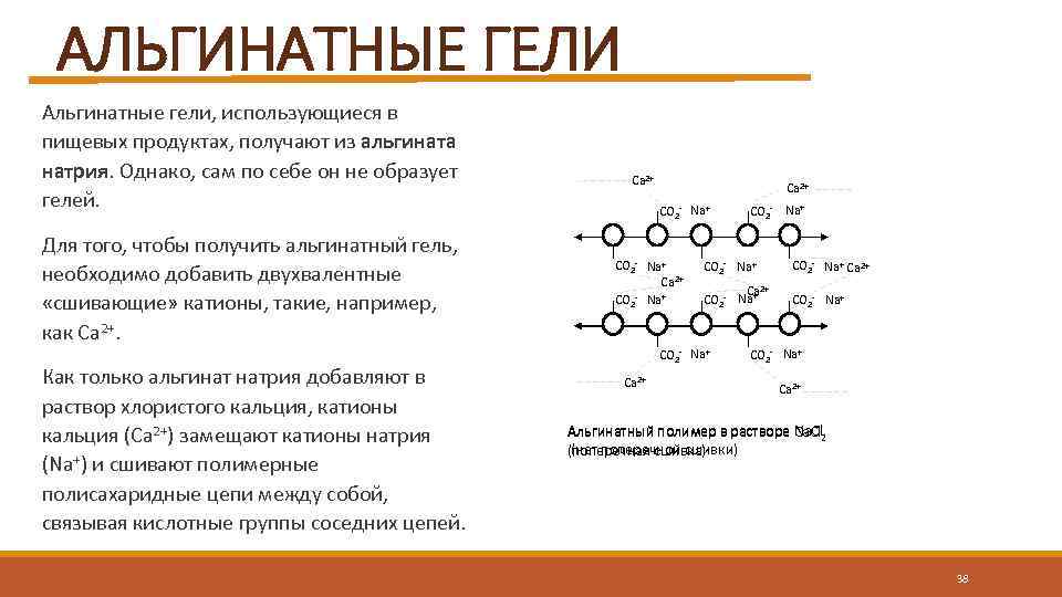 АЛЬГИНАТНЫЕ ГЕЛИ Альгинатные гели, использующиеся в пищевых продуктах, получают из альгината натрия. Однако, сам