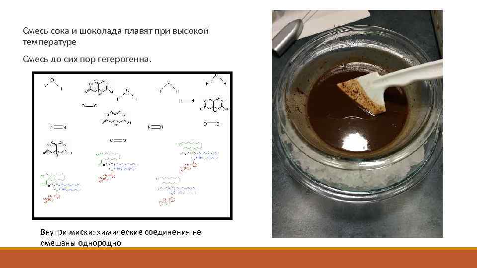  Смесь сока и шоколада плавят при высокой температуре Смесь до сих пор гетерогенна.