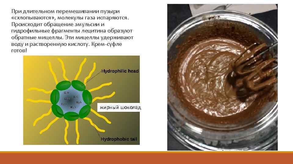  При длительном перемешивании пузыри «схлопываются» , молекулы газа испаряются. Происходит обращение эмульсии и