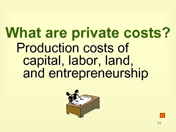 What are private costs? Production costs of capital, labor, land, and entrepreneurship 11 