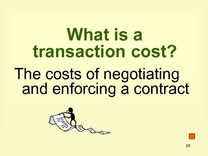 What is a transaction cost? The costs of negotiating and enforcing a contract 36