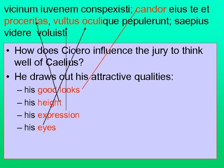 vicinum iuvenem conspexisti; candor eius te et proceritas, vultus oculique pepulerunt; saepius videre voluisti