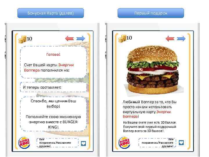 Бонусная Карта (далее) Первый подарок 10 10 Готово! Счет Вашей карты Энергии Воппера пополнился