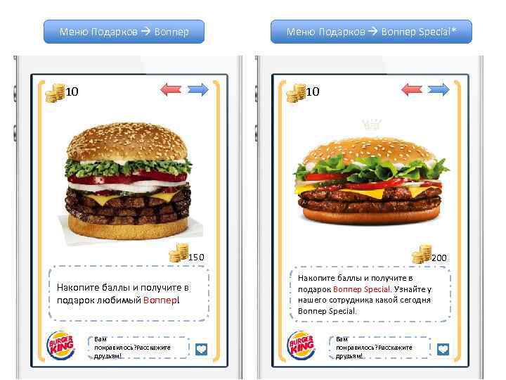 Меню Подарков Воппер 10 Меню Подарков Воппер Special* 10 150 Накопите баллы и получите