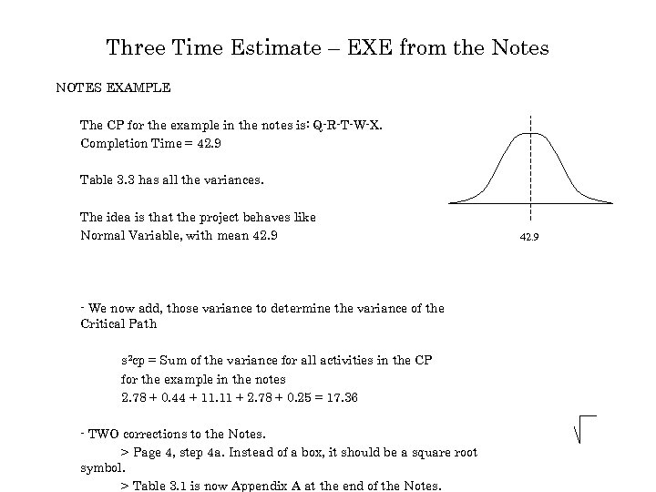 Three Time Estimate – EXE from the Notes NOTES EXAMPLE The CP for the