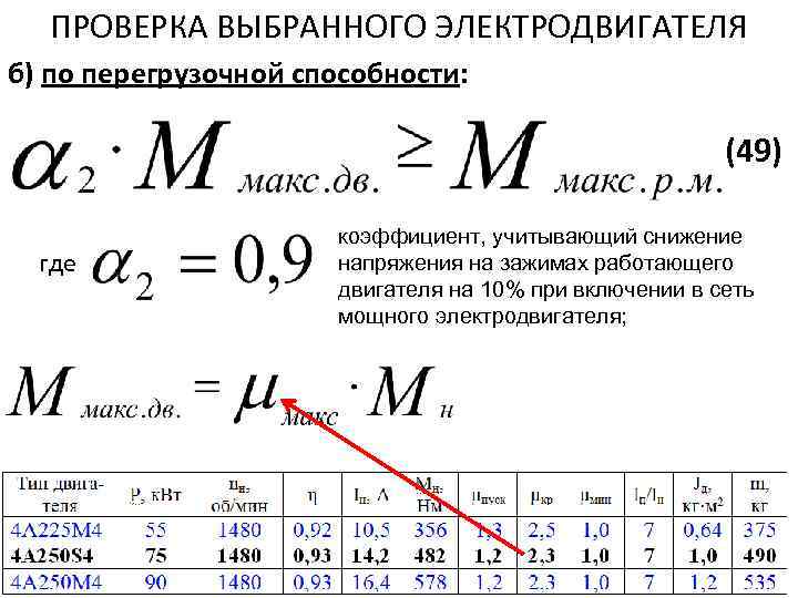 ПРОВЕРКА ВЫБРАННОГО ЭЛЕКТРОДВИГАТЕЛЯ б) по перегрузочной способности: (49) где коэффициент, учитывающий снижение напряжения на