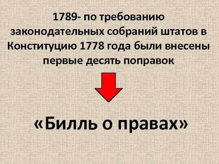 1789 - по требованию законодательных собраний штатов в Конституцию 1778 года были внесены первые