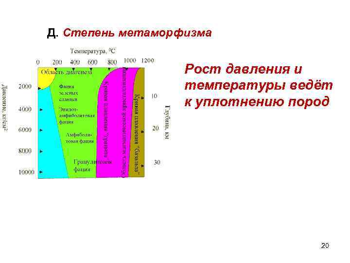 Д. Степень метаморфизма Рост давления и температуры ведёт к уплотнению пород 20 