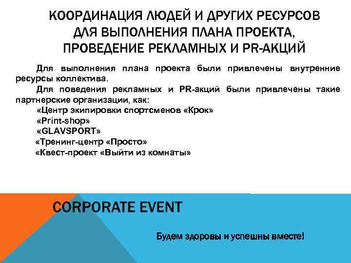 КООРДИНАЦИЯ ЛЮДЕЙ И ДРУГИХ РЕСУРСОВ ДЛЯ ВЫПОЛНЕНИЯ ПЛАНА ПРОЕКТА, ПРОВЕДЕНИЕ РЕКЛАМНЫХ И PR-АКЦИЙ Для